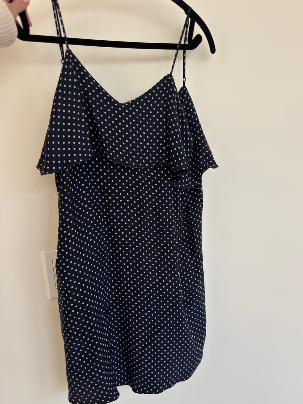 ATM Anthony Thomas Melillo Navy and White Polka Dot Ruffle Cami Mini Dress